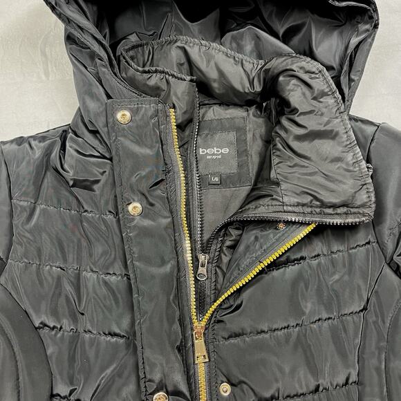 Bebe Long Black Puffer Coat Belted Gold Accents Womens L Double Zipper Hooded - Picture 5 of 16